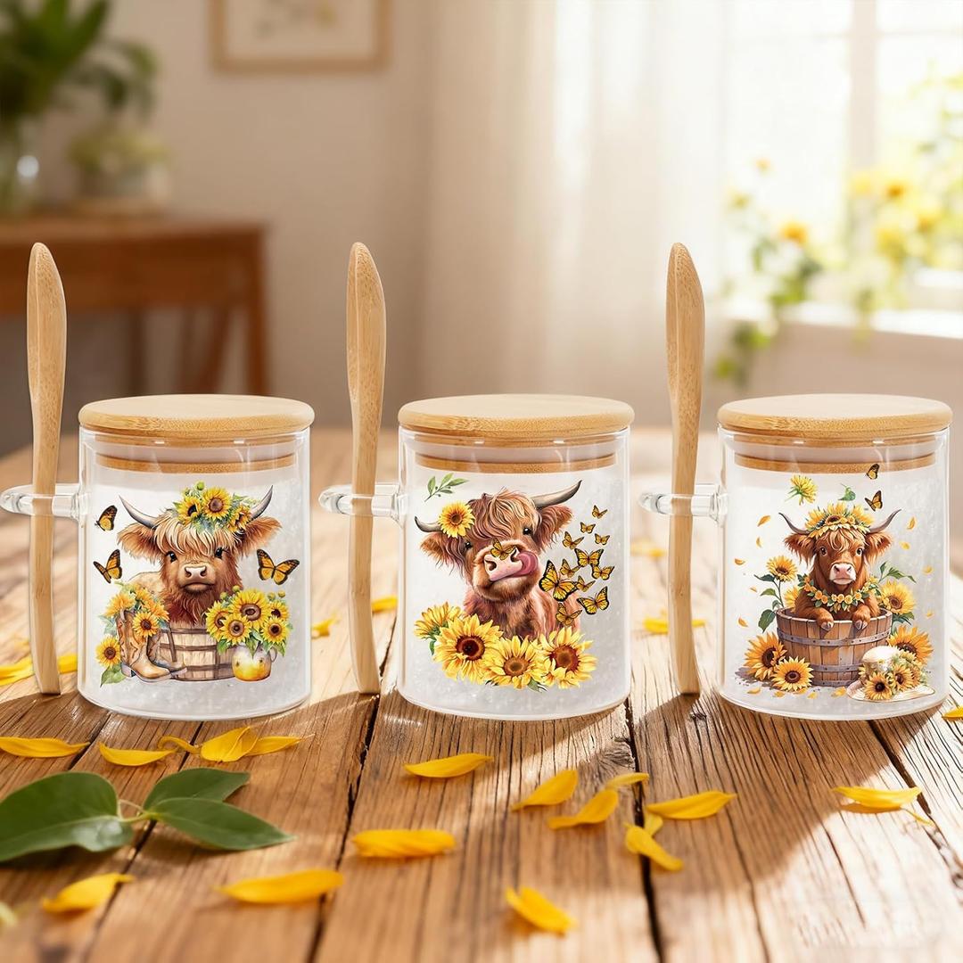 3Pcs 13 Oz Fall Glass Jars with Lids and Spoons Highland Cow Sunflower Airtight Candy Condiment Container Bowls for Thanksgiving Goodie Sugar Cookies Treat Storage Hot Cocoa Bar Supplies