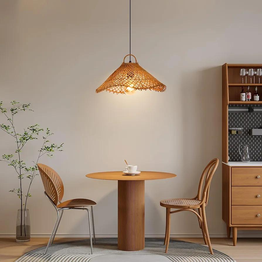 1 Light Boho Woven Pendant Lighting for Kitchen, Rattan Chandelier Hanging Lamp, Handmade Mini Lampshade Natural Ceiling Light Fixture for Bedroom Breakfast Table