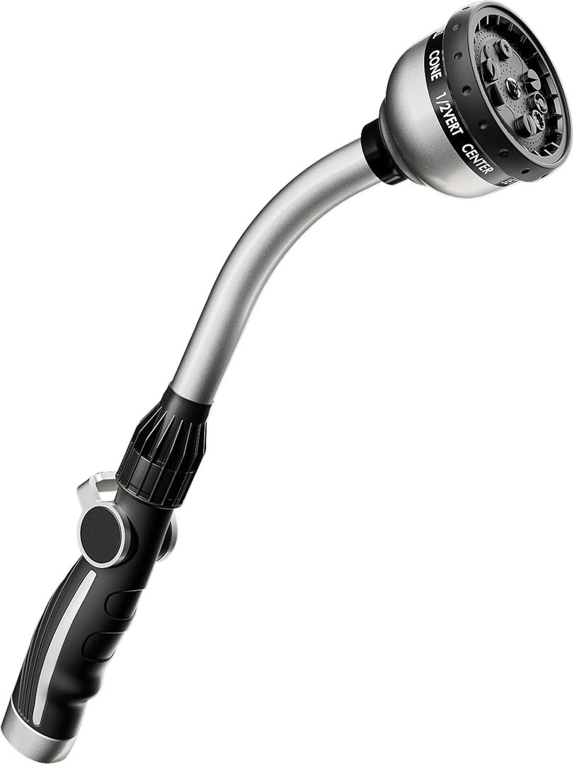 RESTMO Watering Wand Heavy Duty, Metal Garden Hose Wand with Thumb Flow Control, 15-Inch Long Hose Nozzle Sprayer with 10 Spray Patterns, Ideal to Water Hanging Baskets and Shrubs, Silver