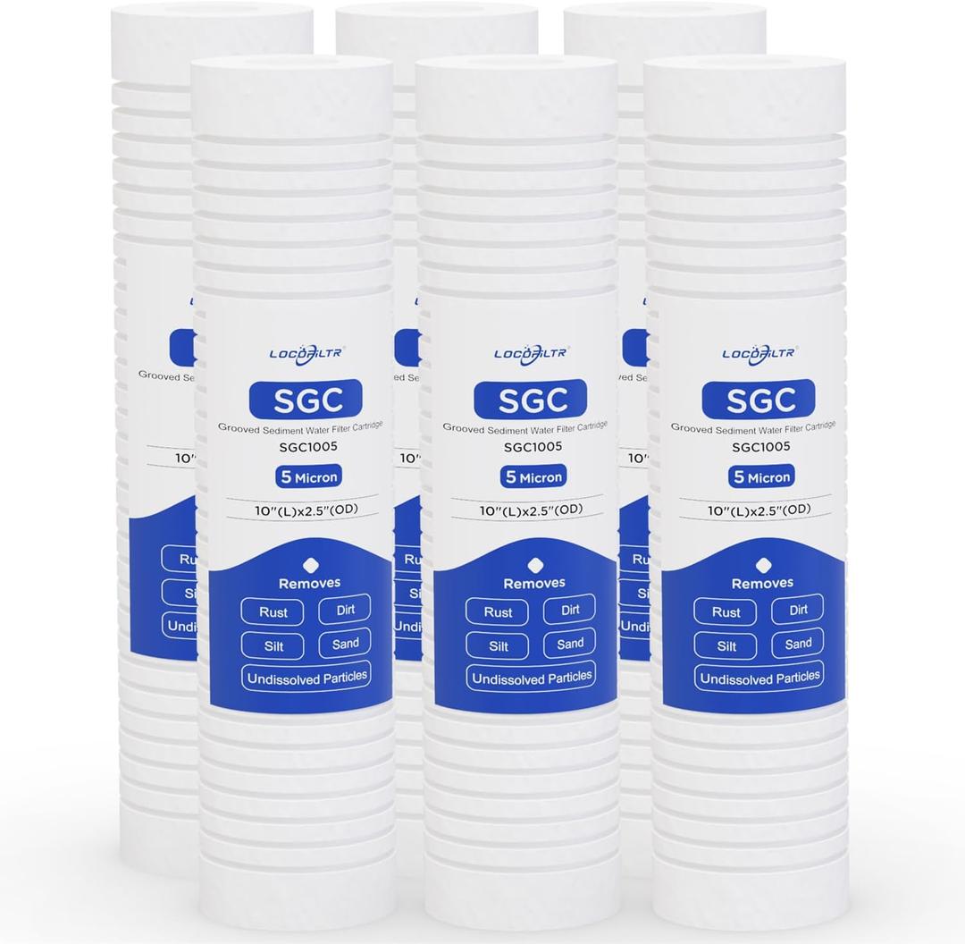 Whole House 2.5"x10" 5 Micron Grooved Sediment Well Water Filter Cartridge Replacement for AP110, WHKF-GD05, AO-WH-PREV-R2, 4WH-STDGR-F02, SGC-25-1005, CFS110, FPMBG-5-975 & 10" RO Unit (Pack of 6)
