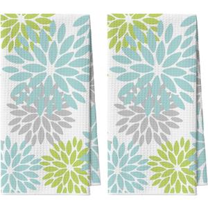Artoid Mode Light Blue Dahlia Floral Bar Kitchen Towels, 12x24 Inch Quick Dry Microfiber Cloth Dish Towels for Kitchen Drying Set of 2