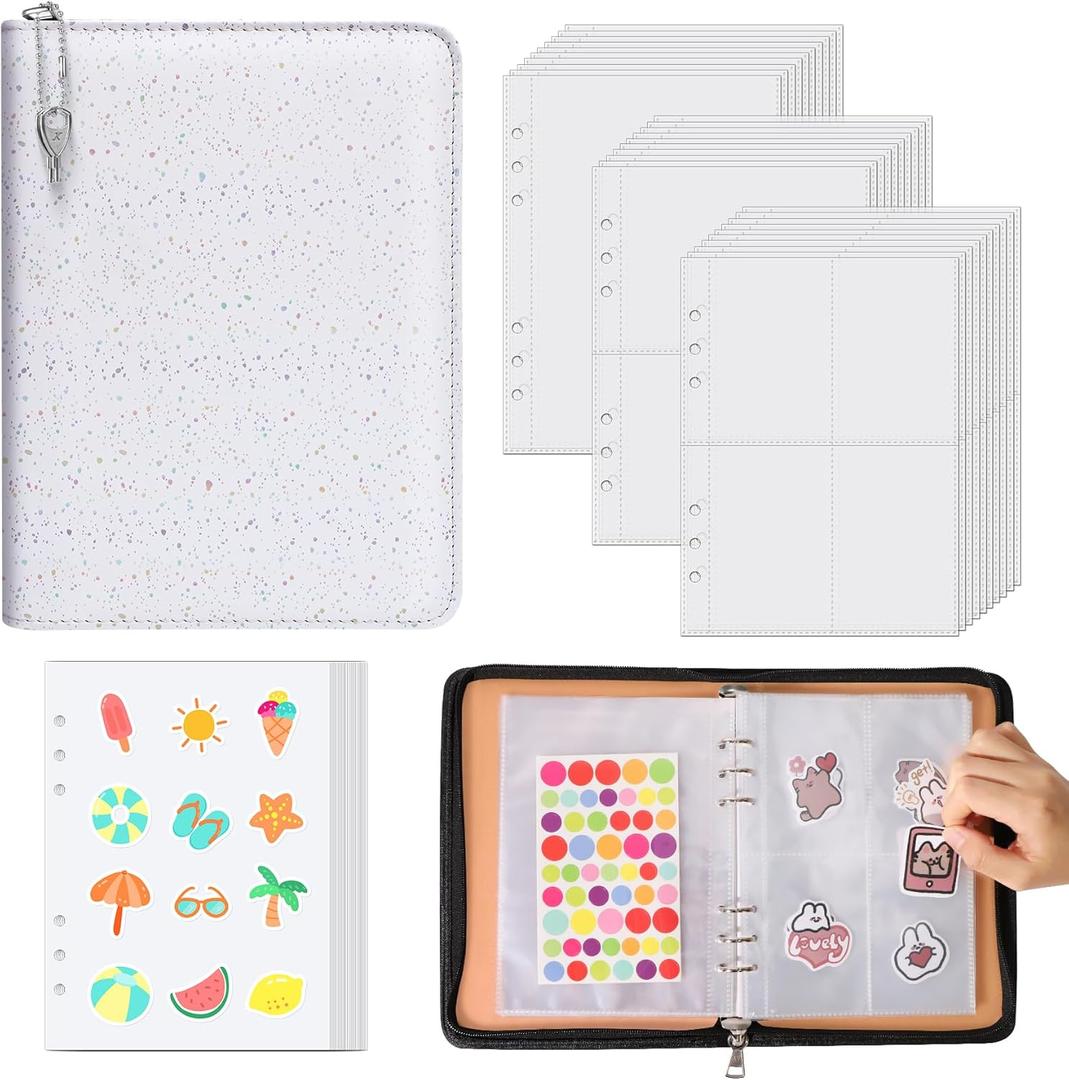 HAUTOCO Hardcover Sticker Organizer Binder Reusable A5 Holographic Sticker Book Collecting Album Storage Book with 140 Pockets and 20 Sheets Blank Release Paper, Zipper Closure, White