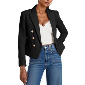 Cicy Bell Women Cropped Tweed Blazer Jackets Lapel Open Front Long Sleeve Business Suit Jackets with Pocket (Large, Black)