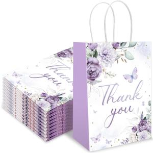FYSUIMU 24pcs Purple Floral Thank You Paper Gift Bags Spring Flower Butterfly Party Favor Bags with Handle Treat Goodie Candy Bag for Wedding Bridal Shower Birthday Baby Shower, 5.9 x 8.3 x 3.1 Inch