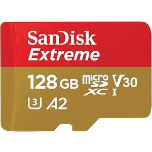 SANDISK 128GB Extreme microSDXC UHS-I Memory Card with Adapter - C10, U3, V30, 4K, 5K, A2, Micro SD Card - SDSQXAA-128G-GN6MA