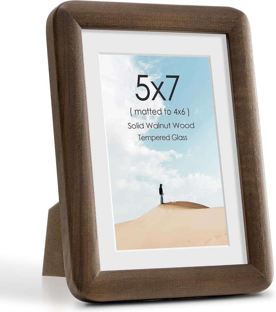 Acovy 5x7 Picture Frame, Solid Walnut Wood Picture Frame with Mat for 4x6 Photos, Rounded Corner 5x7 Wood Frame with Tempered Glass, 5 x 7 Photo Frames for Wall Hanging or Tabletop Display