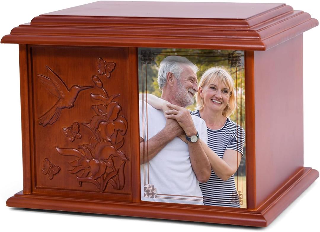 Double Urn for 2 Adults - Wooden Cremation Urn for Human Ashes Male Female Companion Urns for Ashes Women Men Carved 400 Lbs Large Hummingbird Urns with 4 x 6 Picture Frame