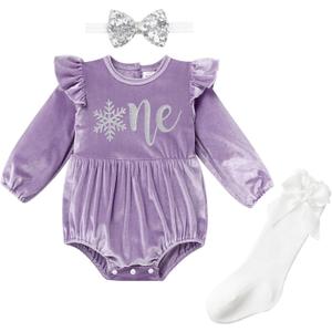 IBTOM CASTLE Baby Girl First Birthday Outfit Fall Winter Velvet Romper Bodysuit Bow Headband Socks Christmas for Cake Smash (12-18 Months, Purple-one)