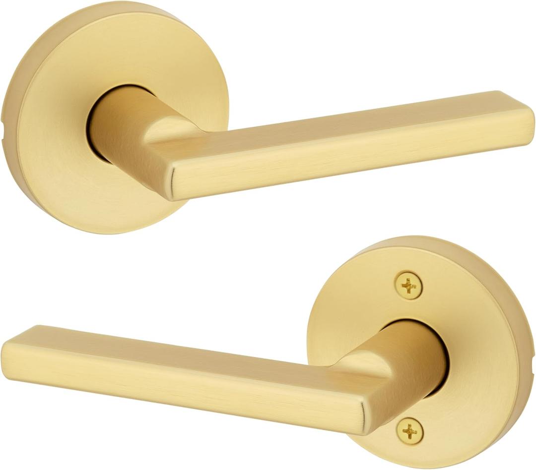 Kwikset Halifax Interior Passage Door Handle, Lever for Closet and Hallway Doors, Reversible Non-Locking Handle Lever, Satin Brass, with Microban Protection (1 Pack)