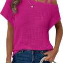 Dokotoo Womens Summer Tops Off One Shoulder Waffle Knit Short Sleeve T-Shirts Casual Lightweight Solid Color Blouses (Pink, L)