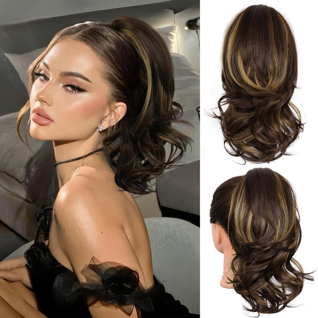 14 Inch Ponytail Extension - Soft Wavy Pony Tails Hair Extensions, Claw Clip Ponytail Extension, Synthetic Hair Extensions Ponytail, Clip in Ponytail (Color: Brown with Blonde Highlights)