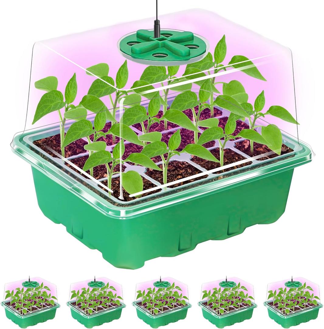 Bonviee 5 Packs Seed Starter Tray with Plant Light, Elevated Seedling Starter Trays Kits with Adjustable Humidity Domes and Clear Cell Tray, 12 Full Spectrum led lamp Beads for Plants Indoor-Green