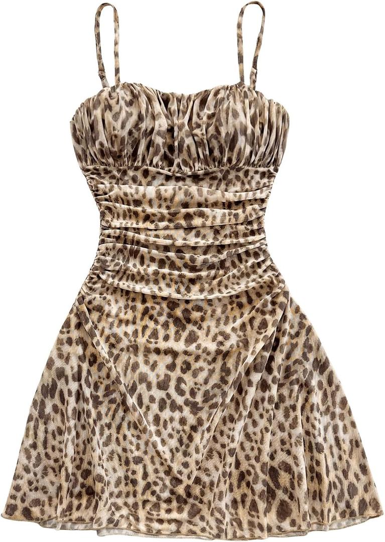 Verdusa Women's Leopard Print Y2K Mini Dress Fitted Spaghetti Strap Mesh Slip Dress (Multicolor)
