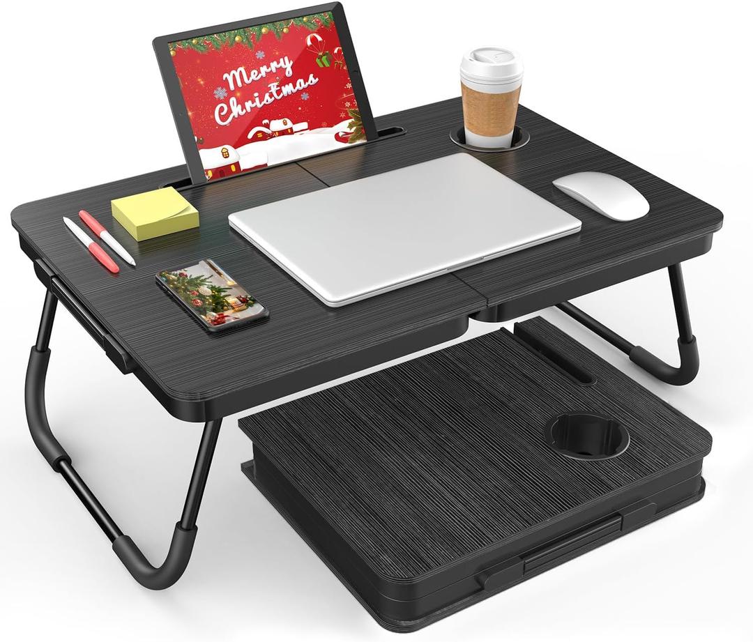 BUYIFY Portable Foldable Laptop Desk for Bed and Couch, Adjustable Lap Desk with Cup Holder and Phone Holder, Ideal for Working, Reading, Writing, and Breakfast (Black)