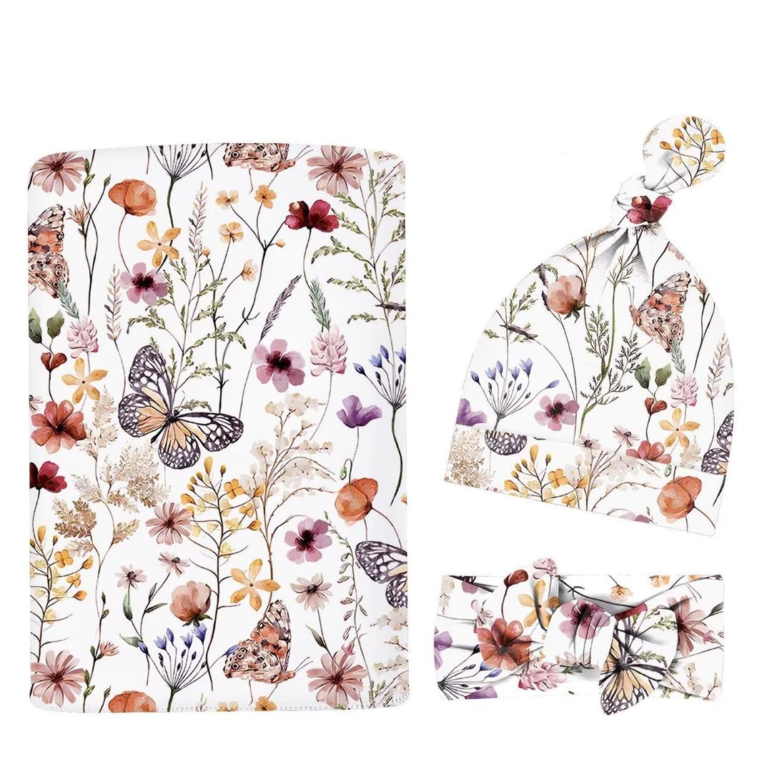 Newborn Swaddle Set with Matching Headband Hat and Bow Set Floral Baby Girl Newborn Receiving Blankets Baby Swaddle Nursery Wildflower Baby Blanket (Butterfly)