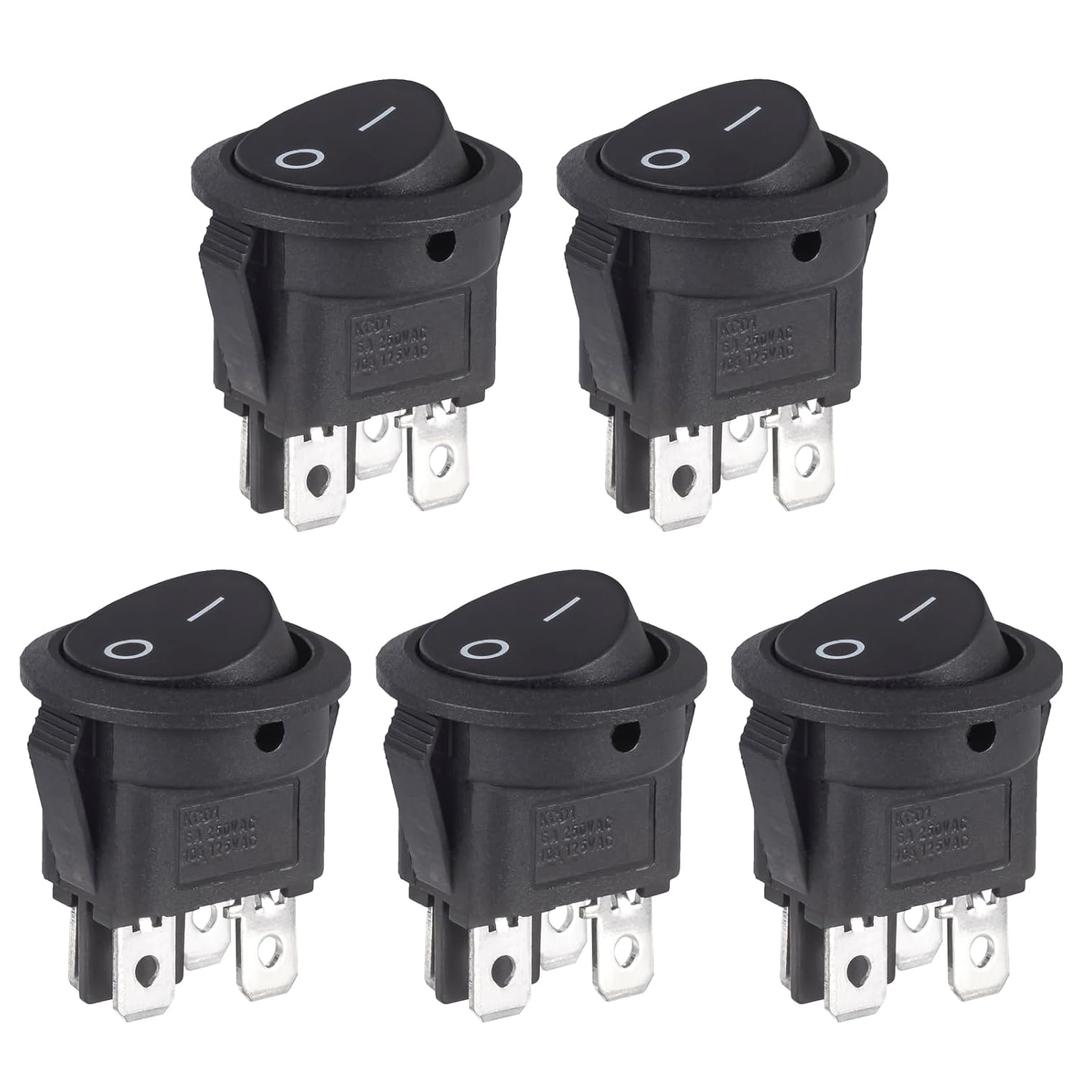 2 x VEXUNGA Round Rocker Switch 4 Pin Circle Switches Square On Off 6A 250V 10A 125V AC Black Round Toggle Switch Square for Car Marine Boat (Pack of 5pcs)