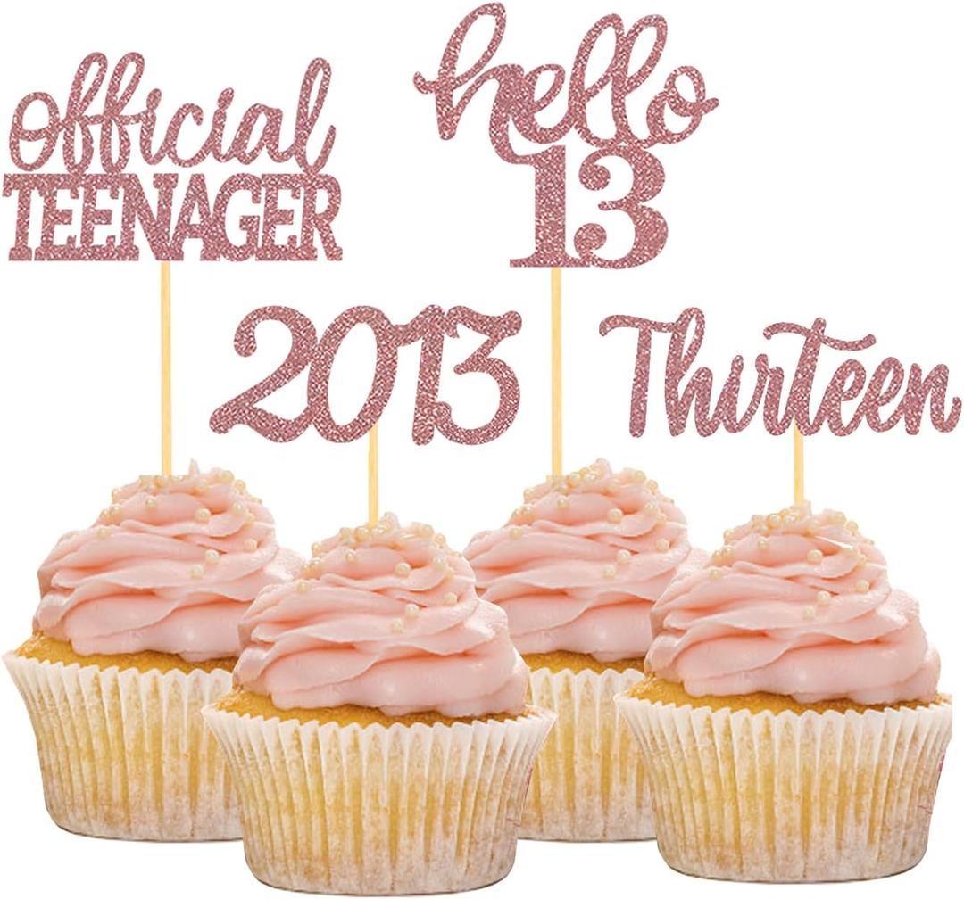 24Pcs Glitter 13th Birthday Cupcake Toppers, Hello 13th Birthday Cake Topper- 13th Birthday Decorations for Celebrating Official Teenager Thirteen Years Old Birthday Party Supplies (Rose Gold2)