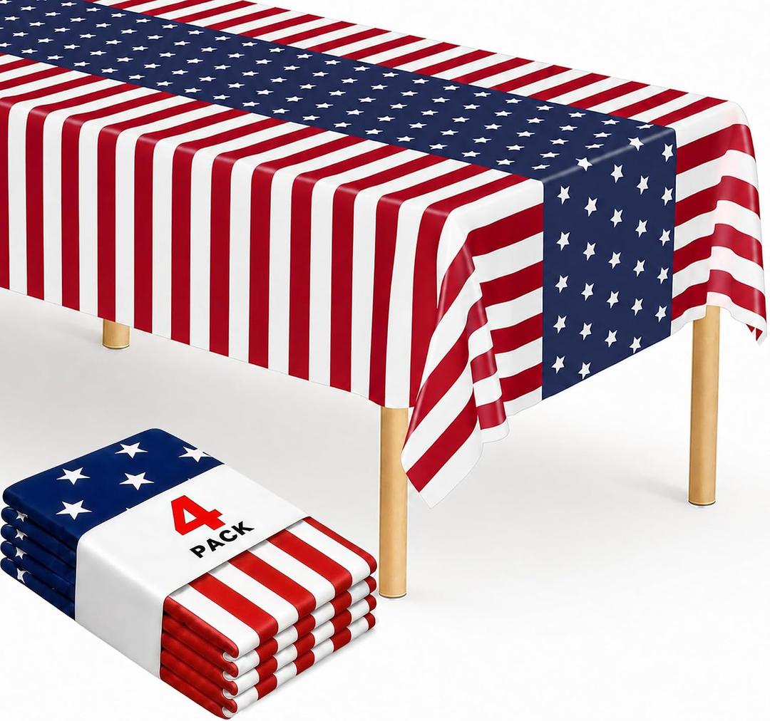 4 Pack 4th of July Tablecloths, 108" x 54" Fourth of July Tablecloth, 250th Anniversay Disposable Tablecloth, Plastic Patriotic Table Cover for Memorial Day Fourth of July Decorations