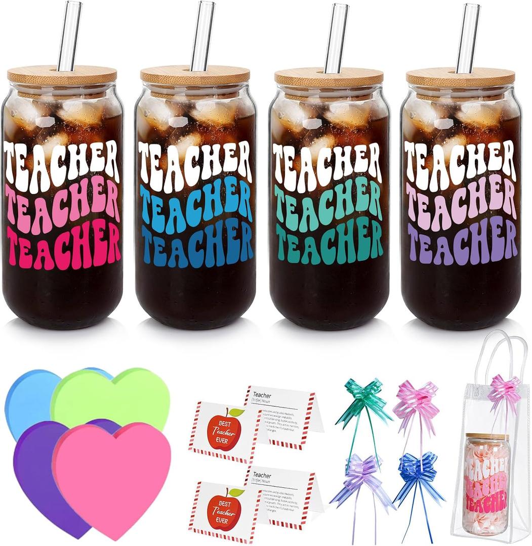 Teacher Appreciation Gifts- 4 Pack End of Year Teacher Gifts for Women Men, 18oz Teachers Glass Cup with Bamboo Lid and Straw Glass Coffee Cups Unique Thank You Teachers Tumbler Mug Gift from Students (EXP 08/05/26)