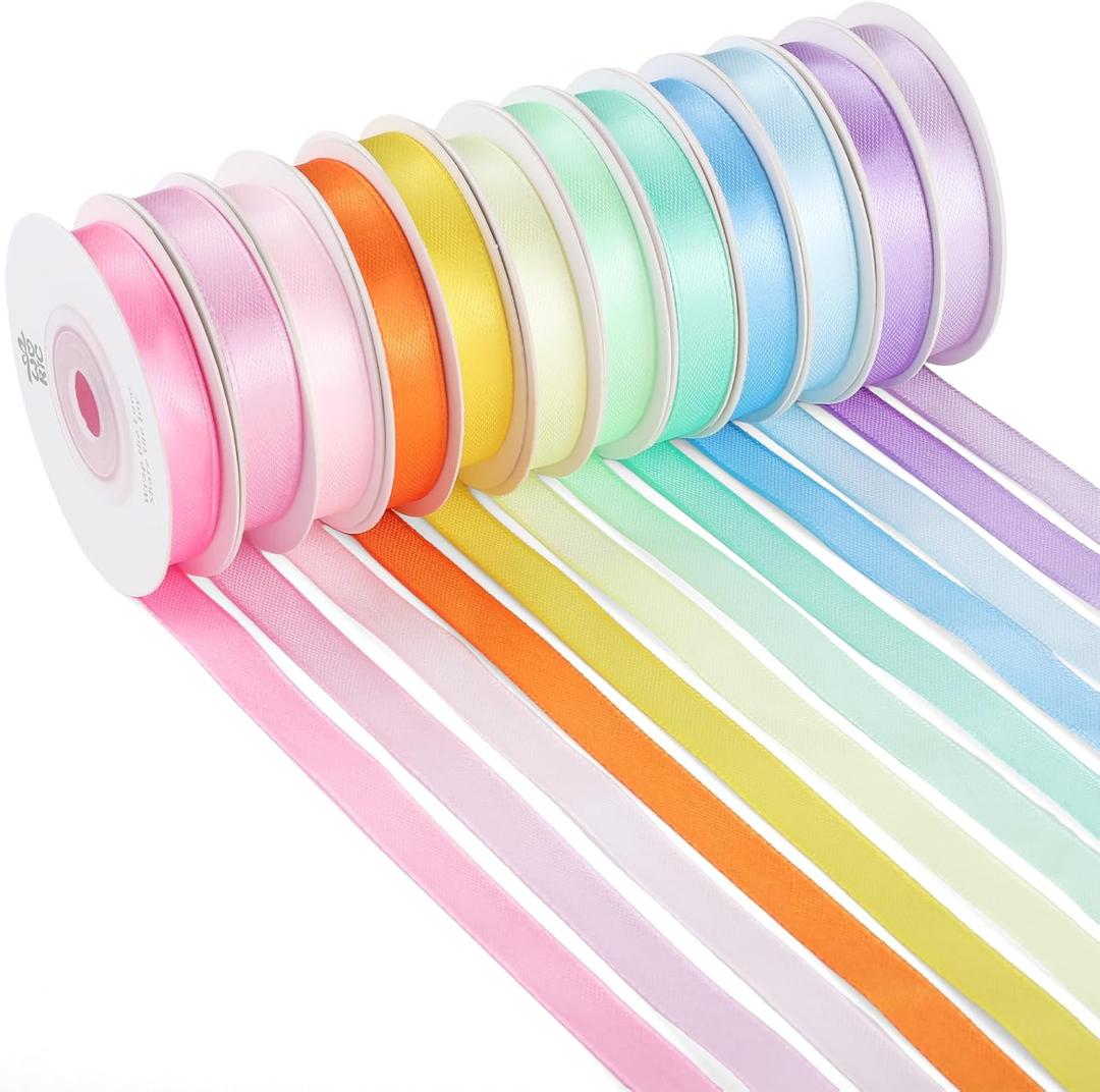 woric 120 Yards Rainbow Ribbon 12 Colors 3/8" x 10 Yards/Roll, Colorful Satin Spring Ribbon for Craft Projects Hair Bows Gift Wrapping Mothers Day Wedding Baby Shower Party Holiday Decor