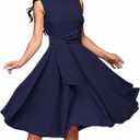 FENJAR Women's Elegance Audrey Hepburn Style Ruched Dress Round Neck Sleeveless Swing Midi A-line Dresses (US, Alpha, Large, Regular, Regular, Navy)