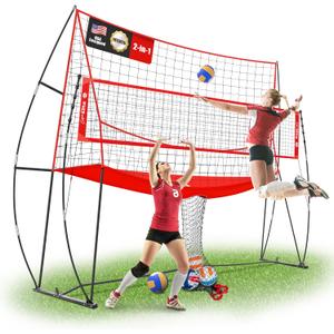 2-in-1 Volleyball Practice Net Station with Patented 5-Height (6'6'' to 8'), Heavy Duty Training System for Hitting Spiking Serving, Backyard Indoor Outdoor Trainer Equipment