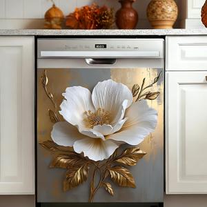 Magnetic Dishwasher Cover 23"x26" Trim-to-Fit, Reusable Refrigerator Door Panel, No Adhesive Decorative Wrap to Hide Scratches and Dents, White Gold Floral Kitchen Decor for Magnetic Dishwashers, 23x25.5 Inches