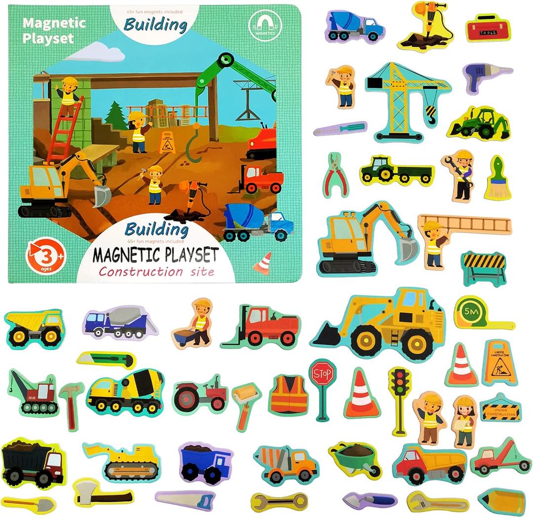 Construction Site Fridge Magnets for Toddlers, 50 PCS Refrigerator Magnets for Kids, Create a Scene Magnetic Play Sticker Book Travel Game Educational Toys for Kids