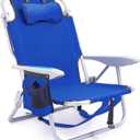 Portable Beach Chair for Adults, Outdoor Camping Chair Lay Flat Folding Backpack Beach Reclining Chair with 5 Positions, Headrest, Zipper Pouch, Cup Holder, Blue