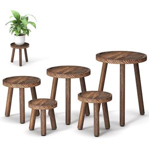 5-Pack Wood Plant Stands Indoor, Single Plant Stand for 6-12 Inch Pots, Mid-Century Modern Plant Stool, Tall Plant Stand for Large Plants for Living Room, Balcony, Office (Dark Brown)