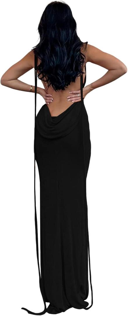 Womens 2025 Summer Backless Bodycon Maxi Dress Spaghetti Strap Halter Formal Cocktail Dresses Wedding Guest (Medium, Black)