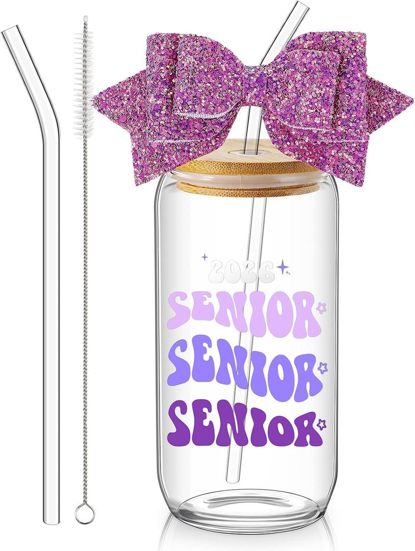 Hushee Class of 2027 Senior Night Gifts 16 oz Glass Water Bottle with Lids Straws Glitter Bow Straw Topper Senior 2027 Tumbler Graduation Gift for Her Women Team Coach Player(Purple)