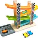 WOOD CITY Wooden Car Ramp Racer Toy Vehicle Set with 4 Mini Cars & Race Tracks, Toddler Toys for 1 2 3 Years Old, Montessori Cars Toys Birthday Gift for Kids Boys and Girls