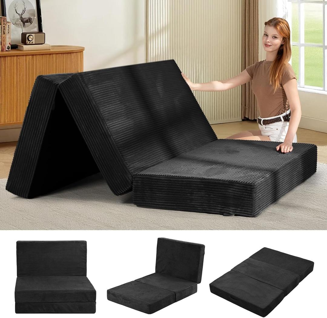 6-Inch Tri-Folding Mattress Full Size - Foldable Futon Sofa Bed with Removable Washable Cover, Folding Mattress | Non-Slip Bottom & Carry Handles for Guest, Camping, Dorm
