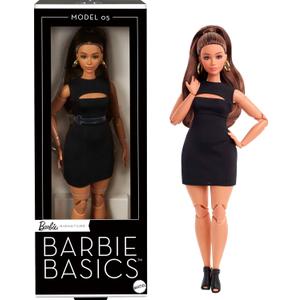 Barbie Basics Model 05 Collector Doll with Brunette Hair, Black Mini Dress & Heels, Universal-fit Fashions, Posable Curvy Body & Swappable Doll Head