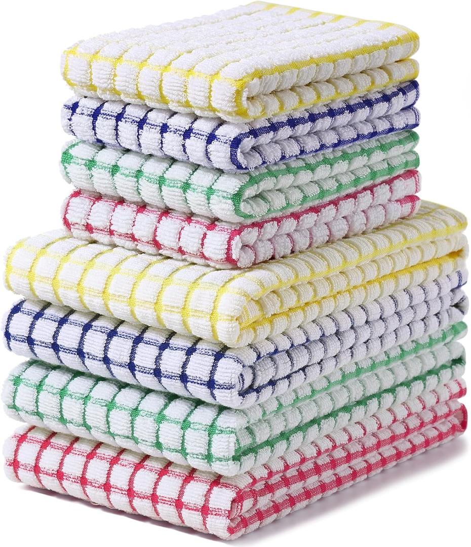 Homaxy Kitchen Towels and Dishcloths Set, 16 x 25 and 12 x 12 Inches, Set of 8 Cotton Terry Kitchen Dish Towels, Super Soft and Absorbent Dish Cloths, Blue/Yellow/Red/Green