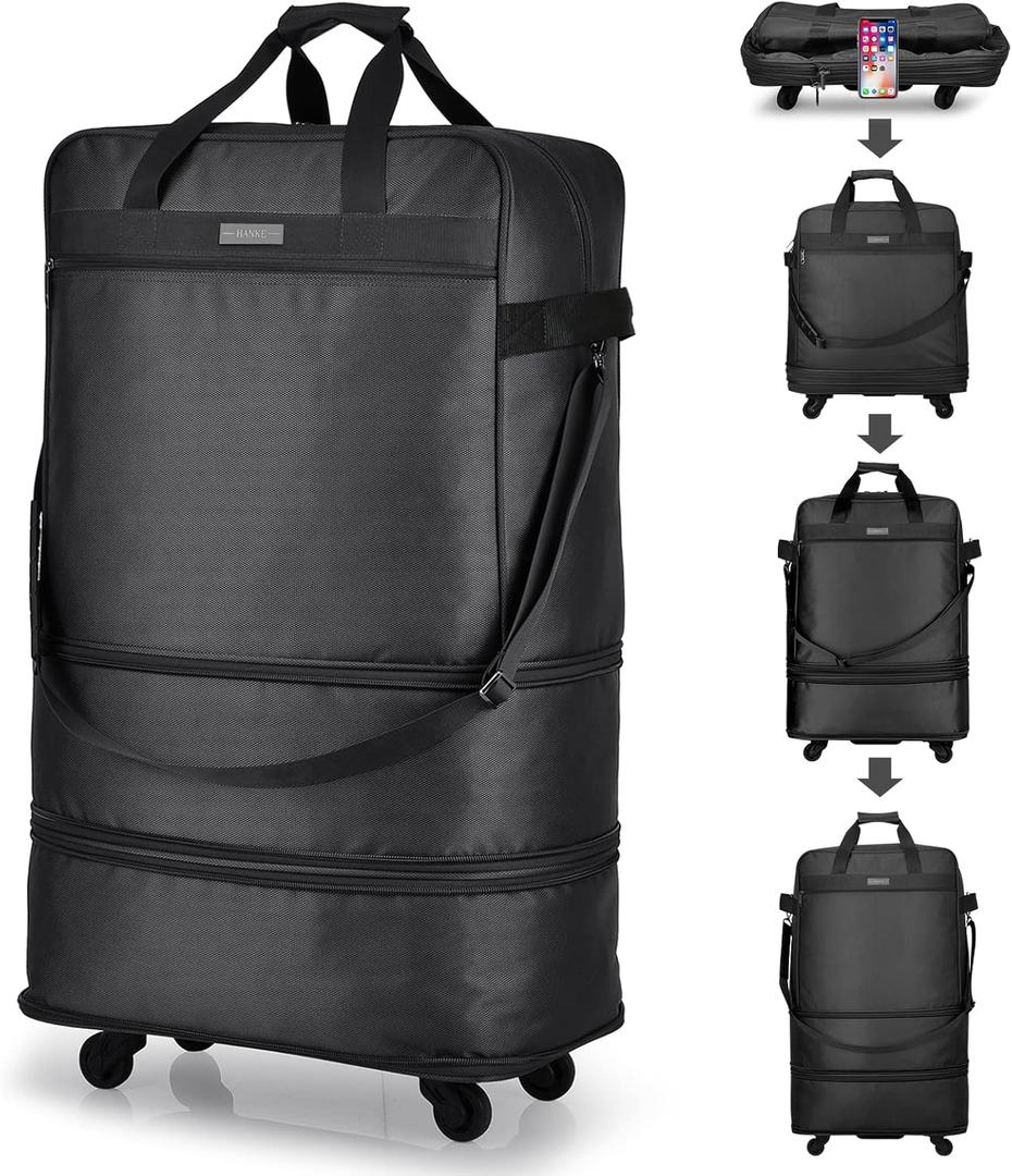 Hanke Suitcases with Wheels Expandable Foldable Luggage Bag Suitcase Collapsible Rolling Travel Bag Duffel Bag for Men Women Lightweight Suitcases without Telescoping Handle, Black (Black Upgrade Version)