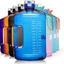 SLUXKE Gallon Big Water Bottle with Handle, 128oz Leakproof BPA Free Fitness Sports Water Bottle with Motivational Time Marker & Wide Mouth Ensure You Drink More Water (BLUE)