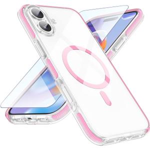 MATEPROX Magnetic Clear Compatible with iPhone 16 Case[2024],[Compatible with MagSafe][Never Yellowing] Anti-Slip Military Protective Bumpers Cover 6.1" with Screen Protector-Pink