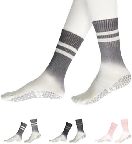 SET OF 2, YOZHAKOU Pilates Yoga Socks with Grips for Women，Colorful Non Slip Crew Athletic Socks for Pilates,Ballet,Hospital,Gym.