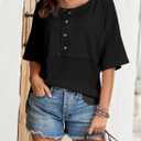 Dokotoo Womens Waffle Knit Tops 2026 Fashion 3/4 Sleeve Casual Button Down Shirts Crew Neck Oversized Patchwork Blouses, Medium