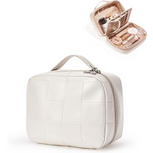 EACHY Travel Makeup Bag,Large Capacity Cosmetic Bags for Women,Waterproof Portable Pouch Open Flat Toiletry Bag Make up Organizer with Divider and Handle (HC-White), L