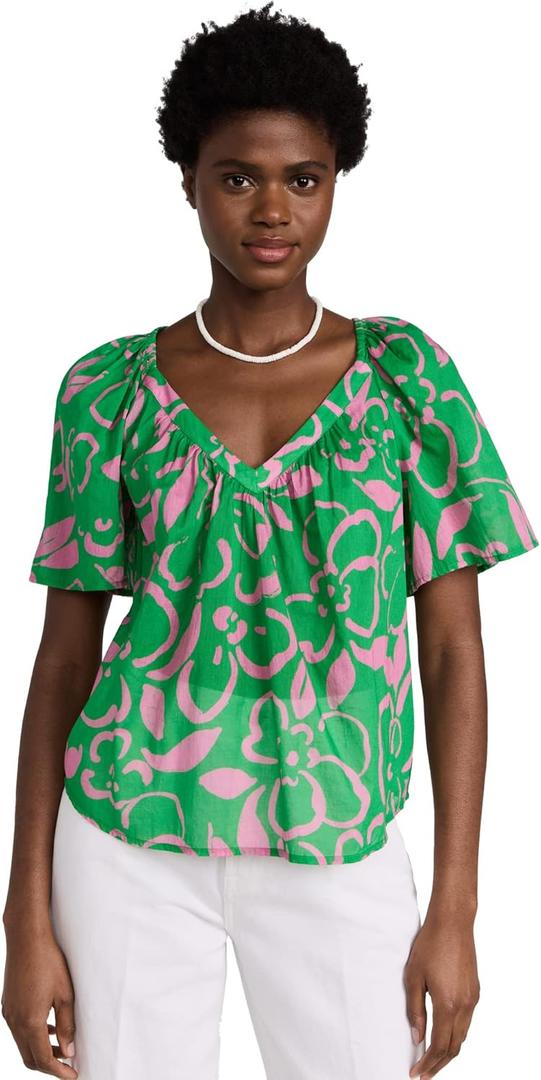 VELVET BY GRAHAM & SPENCER Women's Liliana Printed Cotton Voile Top, Green, Small