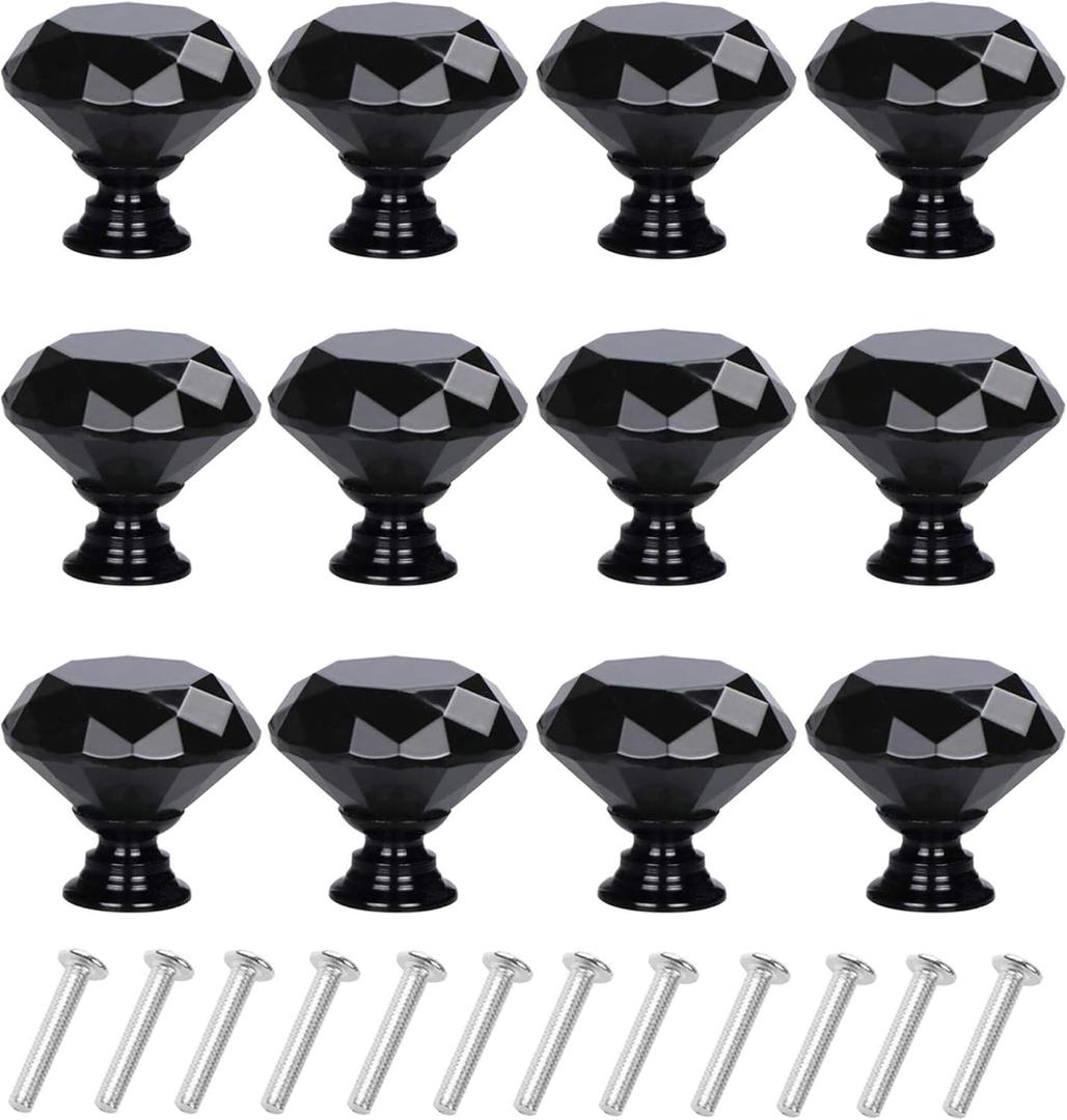 12 Pack Drawer Knobs Diamond Shaped Crystal Glass 30mm Cabinet Knobs Pull Handles (30 mm, 12 Pack, All Black)