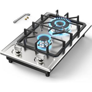 ANHANE 12 Inch 2-Burner Gas Stove: Portable Stainless Steel Propane Cooktop for RV, Apartments & Outdoor Dual Fuel LPG/NG, Easy to Clean Built-in Gas Cooktop