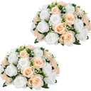 Briful Fake Floral Balls for Centerpieces - 2PCS 11.8" Large Faux Rose Flower Arrangement Silk Flower Bouquet for Home Wedding Party Anniversary Table Vase Flower Stand Decor(Champagne White)