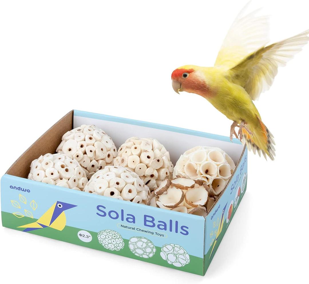 andwe Bird Toy Sola Balls - Natural Soft Chew Shredding & Foraging Toy for Cockatiel Conure Quaker Parrot Budgie Parakeet Rabbit Bunny Guinea Pig Chinchilla (Style 2 (Pack of 6))