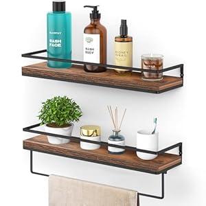 Meangood Floating Shelves Wall Mounted Set of 2, Wall Shelf with Towel Bar Rustic Wood Wall Storage Shelves for Bedroom, Living Room, Bathroom, Kitchen Rustic Brown