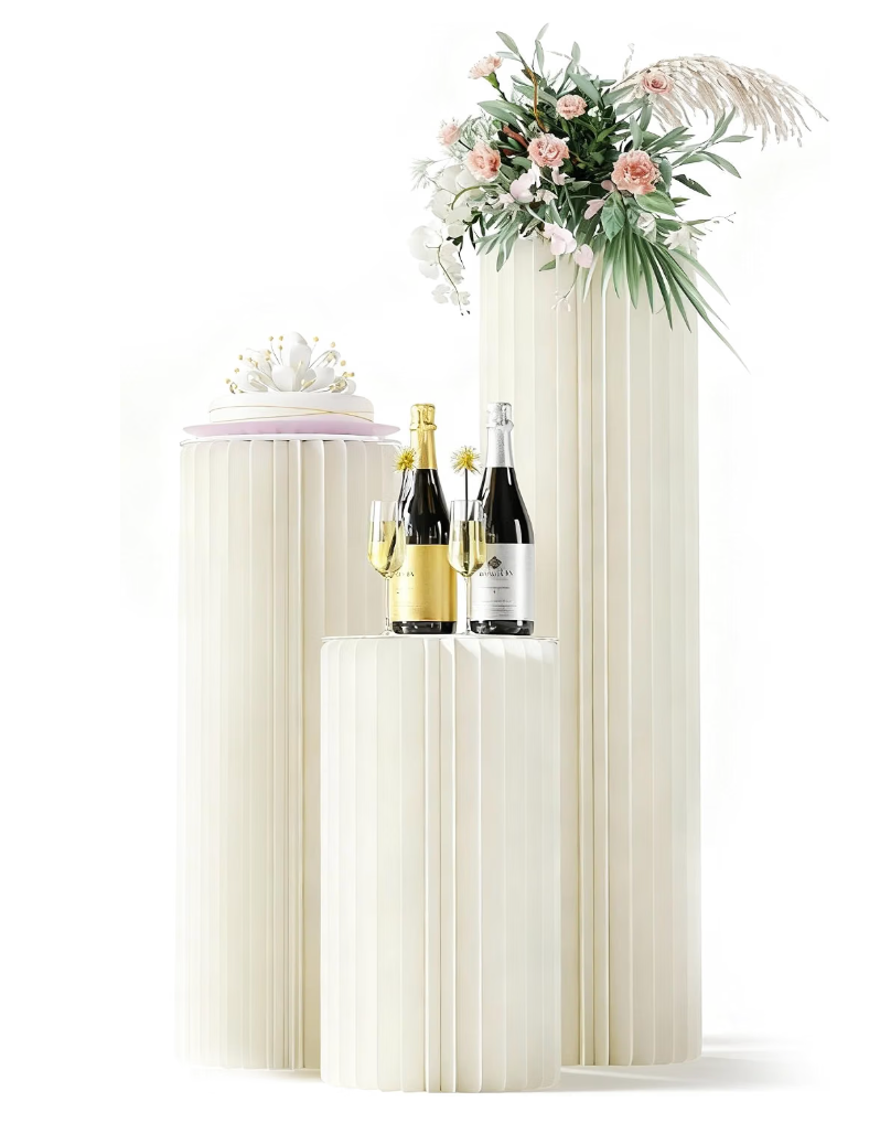 3 Pack Portable White Cylinder Stands for Party, 31.5", 23.6", 15.7" Height Foldable Cardboard Tall Cake Pedestal Stand Flower Floral Pillar Table Stand, cilindros para fiestas redondos blancos for Wedding Parties