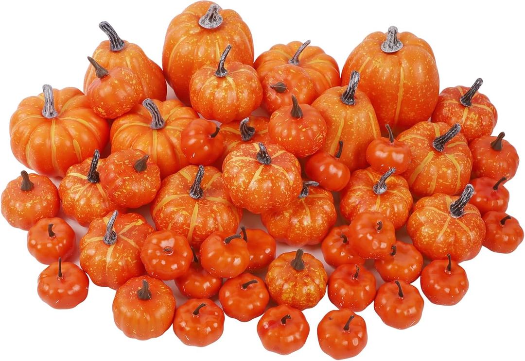 Winemana 46 Pcs Assorted Size Artificial Pumpkins Fall Decorations, Orange Foam Pumpkin Autumn Decor, Decorative Faux Pumpkin for Harvest Thanksgiving Table Centerpiece Mantle Bowl Wedding Party